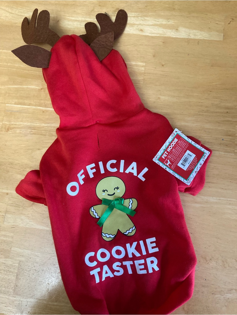 Red 'Official Cookie Taster' Dog Hoodie with Reindeer Antlers